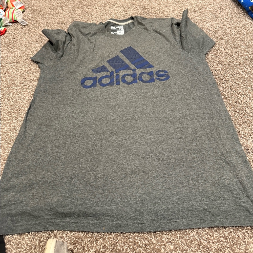 🫑Adidas blue line Gray T-Shirt with Blue Logo